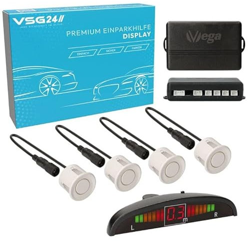 VSG24 Premium Einparkhilfe VORNE mit Display zum nachrüsten am Auto, PDC Parksensoren hinten mit Stecksystem für einfachste Montage - 4 Rückfahrwarner Sensoren Parkhilfe Nachrüstsatz Weiß