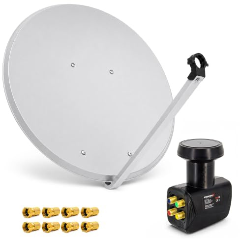PremiumX Satelliten-Komplettanlage 100cm Satellitenschüssel Aluminium Hellgrau Antenne Quad LNB F-Stecker, SAT bis 4 Teilnehmer