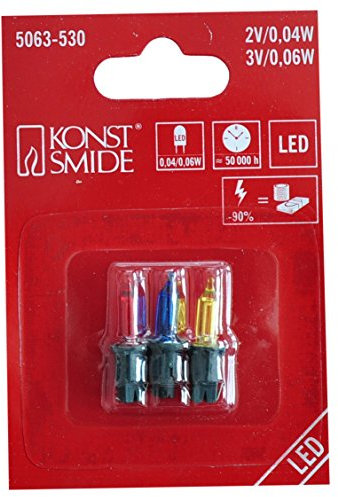 Konstsmide LED Ersatzbirne, 3er-Blister, 1 rote/1 gelbe/1 blaue Diode, 2V / 2V / 3V, 0.04.W / 0.04W / 0.06W, grüne Steckfassung - 5063-530
