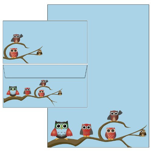 Briefpapier-Mappe Eulen blau Set 42-teilig 20 Blatt Briefpapier + 20 Stück Briefumschläge DIN lang ohne Fenster + 1 Notizblock mintgrün 9,8x9,8 cm