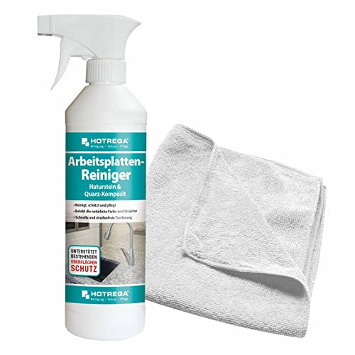 HOTREGA Arbeitsplatten Reiniger Naturstein & Quarz Komposit 500 ml + Microfasertuch 40 x 40 cm