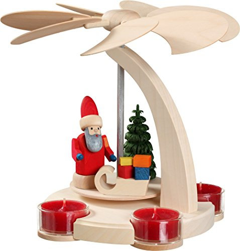 SeifVK Weihnachtsdekoration Erzgebirge Holzkunst Handarbeit Weihnachtspyramide Bogenpyramide Kleiner Weihnachtsmann mit Schlitten 18 cm