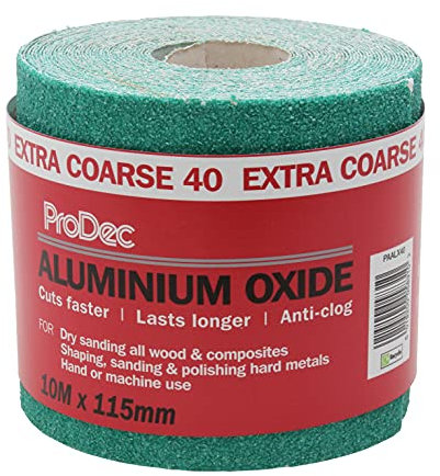 ProDec 10m Roll 40 Grit Extra Coarse Grade Green Aluminium Oxide Abrasive Sanding Paper for Sanding Wood, Paint, Plaster, Filler, Metal and More, 115mm Wide Sandpaper Compatible with Machine Sanders