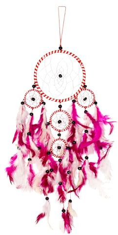 50cm x 11cm Dreamcatcher Traumfänger Rot Weiß Pinke Federn 5 Ringe Gute Träume