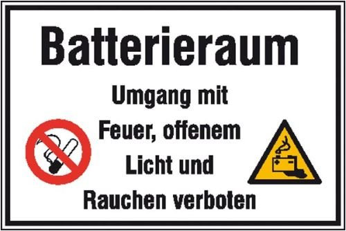 Aufkleber / Schild / Sicherheit - Firma -Haus - Hotel - Hinweisschild zur Betriebskennzeichnung Batterieraum Umgang mit Feuer, offenem Licht Weich-PVC-Folie, selbstklebend, bedruckt 30x20cm