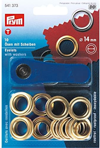 Prym 541373 Ösen und Scheiben 14,0 mm, Messing goldfarbig