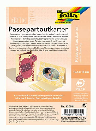 folia 120511 - Passepartouts mit ovaler Stanzung, ca. 10,5 x 15 cm, 5 Karten (220 g/qm) und Kuverts, strohgelb - ideal für Einladungen, Glückwunsch- oder Grußkarten