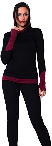 3Elfen Yoga Kleidung Longsleeve Damen Hoodie Gothic Langarm Shirt Kapuze Frauen Daumenloch schwarz weinrot XL