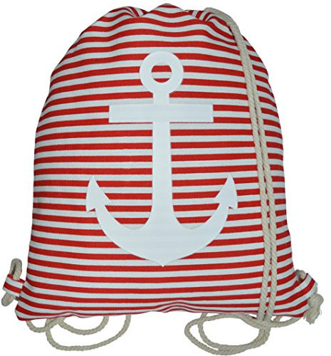 Turnbeutel Rucksack Beuteltasche mit Kordel Anker Muster Sportbeutel Gymsack Tasche (Streifen rot-weiß)