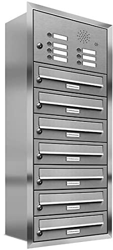 AL Briefkastensysteme, 7er Unterputzbriefkasten, Briefkasten mit Klingel, 7 Fach, Briefkastenanlage modern, rostfrei Edelstahl Postkasten
