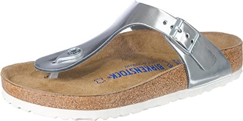 Birkenstock Damen Gizeh SFB Leather Zehentrenner, Metallic Silver 1003674, 35 EU Schmal