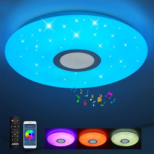 Lámpara de techo 24W, ⌀30 CM,JDONG Bluetooth con aplicación de control remoto y altavoz lámpara de techo LED regulable con opción de cambio de color, función de luz nocturna,Ruido Blanco,ip44
