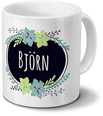 printplanet Tasse mit Namen Björn - Motiv Flowers - Namenstasse, Kaffeebecher, Mug, Becher, Kaffeetasse - Farbe Weiß