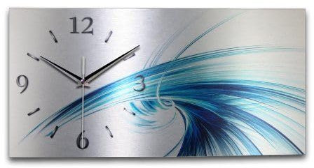 Kreative Feder „Abstrakt blau“ - Designer-Wanduhr aus gebürstetem Aluminium in Zwei Größen mit leisem Uhrwerk (Abstrakt blau, Funkuhr 50x25cm)