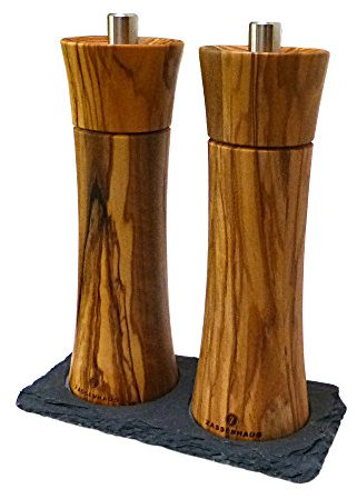 Salz und Pfeffermühle Zassenhaus Frankfurt Olivenholz 18 cm mit Schiefer-Untersetzer