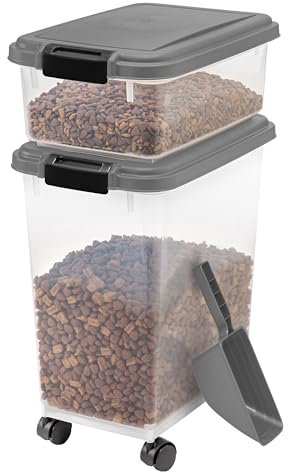 IRIS USA Dog Food Storage Container, 30 lbs & 11 lbs Combo, Cat Food Storage Container, Dog Treat Container, Airtight, Stackable, 2-Cup Scoop, Wheels, Easy Mobility, Dark Gray