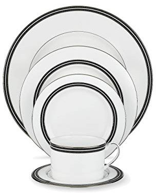 Kate Spade New York Vajilla Union Street de 5 piezas, porcelana blanca con detalles en negro y platino