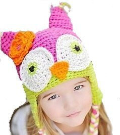 LadyMYP©Handgemachte Strickmütze, Babymütze, Kindermütze, Hüte, 100% Wolle, Mütze Uhu - Rosa/Grün