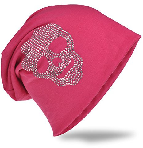 Miobo Slouch Beanie Mütze, Long, Totenkopf Motiv, Herren Damen,StrassTK-Pink