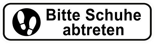 Türschilder24 Bitte Schuhe abtreten Aufkleber/Türaufkleber/Türschild/PVC Hinweisschild 180mm x 50mm Weiß/Schwarz selbstklebend