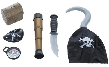 Smiffys Piraten-Set mit Kompass, Haken, Messer, Augenklappe, Teleskop und Schatztruhe