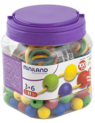 Miniland Educational 154214 - Bote con Bolas ensartables 20 mm, 100 Piezas