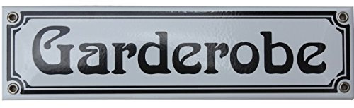 Garderobe Emaille Schild 8 x 30 cm Jugendstil Emailschild Garderobe weiß.