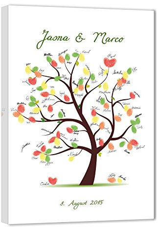 Fingerabdruck Baum Leinwand *60 x 40 mit NAMEN & DATUM - INKL Zubehör-Set (Stempelkissen+Stift+Anleitung+Hochzeitsbuch+...) - Wedding Tree Leinwand - Hochzeitsspiele und Gästebücher zur Hochzeit