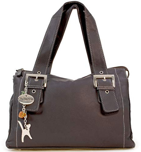 Catwalk Collection Handbags - Damen Leder Schultertasche - Handtasche Mittelgroß mit Viele Fächer - Jane - Schokolade