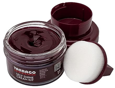 Tarrago | Kit crème auto-brillante 50 ml | Crème nourrissante de cires naturelles pour faire briller le cuir, le cuir lisse, les chaussures naturelles ou synthétiques | Avec éponge (Bordeaux 11)