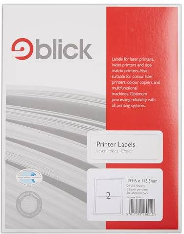 Blick Labels, White, 2 Per Sheet 25 Sheets, Rectangular, 199.6mm x 143.5mm, 50 Labels, for Home, Office, Family, School