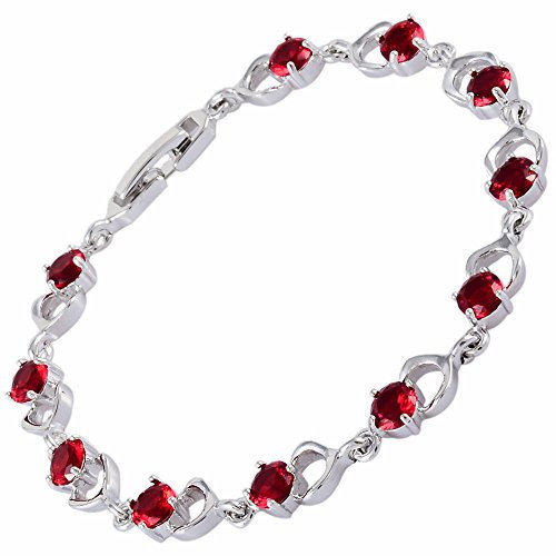 RIVA Tennis Armband [18cm/7inch] mit Rundschliff Edelstein Zirkonia CZ [Rot Rubin] in 18K Weißgold Vergoldet, Einfache Moderne Eleganz