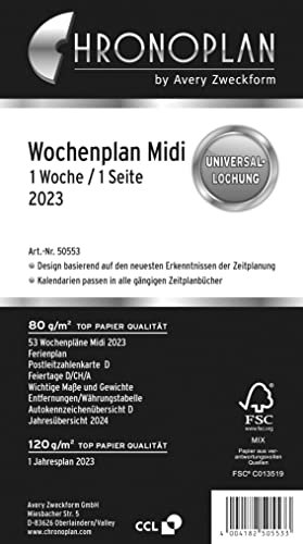 Chronoplan 50553 Kalendereinlage 2023, Wochenplan im Midi Format (96x172 mm), Tage in Zeilen, Ersatzkalendarium, ideal für übersichtliche Wochenplanung, Universallochung (1 Woche auf 1 Seite), weiß