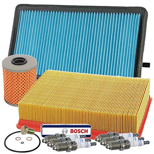 Inspektionspaket SET C 1x Ölfilter 1x Luftfilter 1x Innenraumfilter 6x Zündkerze BOSCH Super Plus FR7LDC+ 1x Ölablass-Schraube 1x Dichtring für Ölablass-Schraube