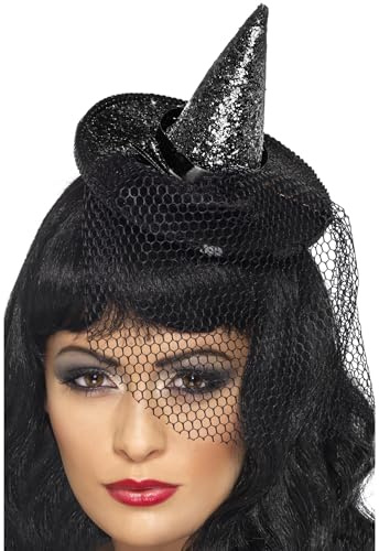 Halloween! Smiffys Stirnband Mini-Hexenhut, Schwarz, Glitzer mit Netz