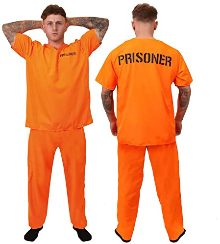 Mens Prisoners Convict Costume - Small - Orange Prisoner Top, Matching Orange Trousers – Cops & Robbers Halloween Fancy Dress Costume