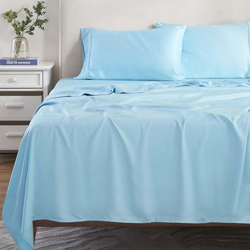 SUPERIOR Modal from Beechwood 300 Thread Bed Sheet Set, 1 Elastic Deep Pocket Fitted Sheet, 1 Flat Sheet, 2 Pillowcases, Soft Cool Sheets, Sateen Weave, Bedding Essentials, King, Light Blue