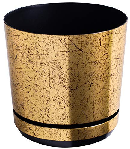 KERD Pot de Fleurs d'Intérieur 14 cm, Cache-Pot Décoratif Rond Couleur Vieil Or, avec Soucoupe, en Plastique 100% Recyclé
