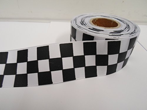 2 metres x 38mm Woven Ribbon Black & White Square 3 Block Checker F1 Racing Chequered Flag Pattern Sillitoe Tartan Police Band 38 mm 3.8cm