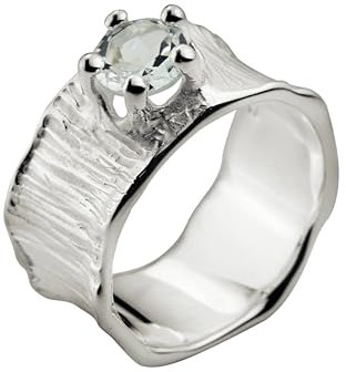 SILBERMOOS Damen Ring Bandring mit weißem Topas Lotusblatt-Struktur Weisstopas 925 Sterling Silber, Größe:60