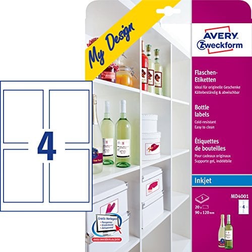 AVERY Zweckform MD4001 Flaschenetiketten (120x90 mm auf DIN A4, selbstklebend, bedruckbare Flaschenaufkleber für Glasflächen, Inkjet-/Tintenstrahldrucker) 20 Etiketten für Flaschen auf 5 Blatt weiß