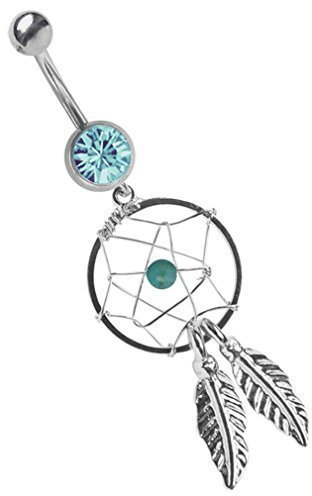 Bauchnabel Piercing Schmuck 316l Stahl Banane 1,6 x 10 mm mit Zirkonia und Traumfänger in Hellblau-Türkis