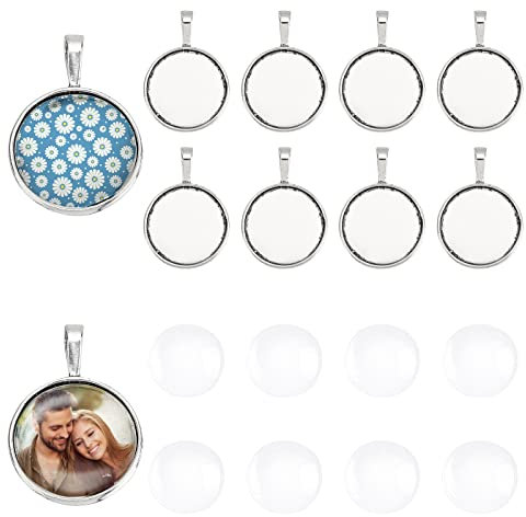 PandaHall 10 Stück 25mm Runde Transparent Klar Glas Cabochon Kuppel Fliesen mit Anhänger Tabletts Abdeckung Fotoanhanger Herstellung Antik Silber