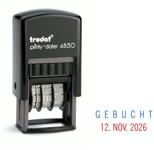 Trodat Printy Dater 4850 Datumstempel mit 2farbigem Kissen blau/rot + Wunschtext, Stempeltext:G E B U C H T