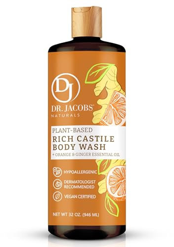 Dr. Jacobs Naturals Pure Castile Flüssigseife, ohne Palmöl und ohne Gentechnik, natürliches Gesichts- und Körperwaschmittel, 900 ml, synthetischen Stoffen, Gltuen und Zitrusfrüchten.