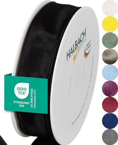 Halbach Seidenbänder Premium Geschenkband mit Drahtkante | Breite 25mm Länge 25m | Öko-Tex 100 zertifiziertes Schleifenband | Taftband Made in Germany, Farbe: schwarz