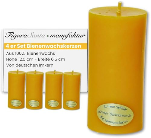 Figura Santa® Bienenwachskerzen Adventskerzen 4er Set Kerzen Adventskranz Stumpenkerzen aus 100% Bienenwachs-Weihnachtskerzen | Größe: 12,5 x 6,5 cm Brennndauer ca. 47 h