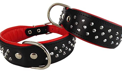 Leder Halsband - Hundehalsband, Nieten, Halsumfang 33-41cm, Schwarz-Rot, NEU (PL.702-1282)