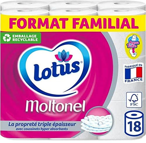 Lotus Moltonel Papier Toilette 3 Épaisseurs Blanc avec coussinets absorbants, 18 Rouleaux