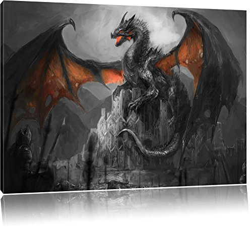 Pixxprint Drache schützend über Burg B&W, Größe: 100x70cm, Leinwandbild, fertig gespannt, Wandbild, Dekoration, Kunstdruck, kein Poster